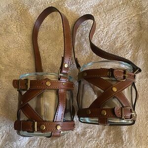 Vintage candle holder / flower pots with leather holders